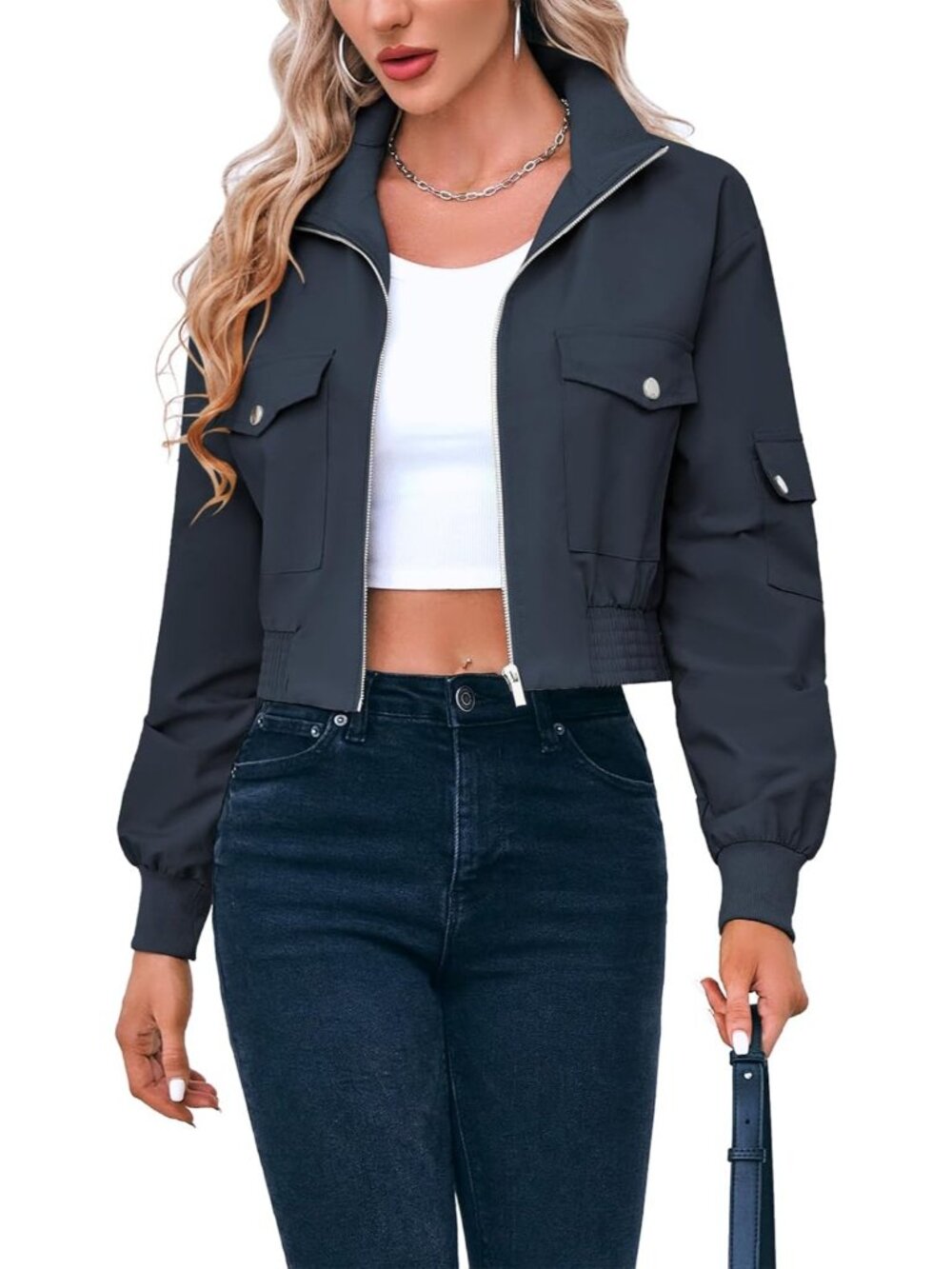 Women's Navy Cropped Lightweight Zip Up Short Coats Long Sleeve Bomber Jacket